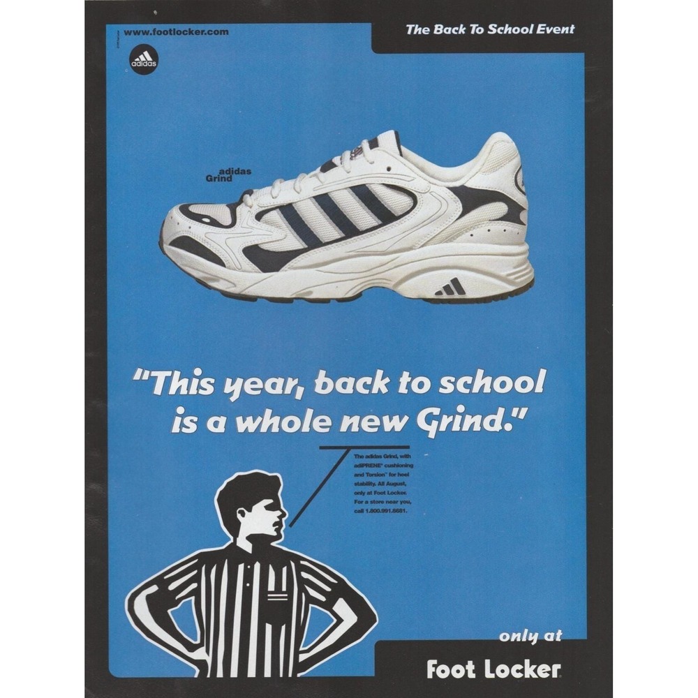 Vintage 1999 Adidas Grind Print Ad Foot Locker Y2K Back To School Sneakers